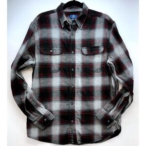 George Burgundy Gray Plaid Cotton Flannel Shirt Sz L Grunge Normcore Layering